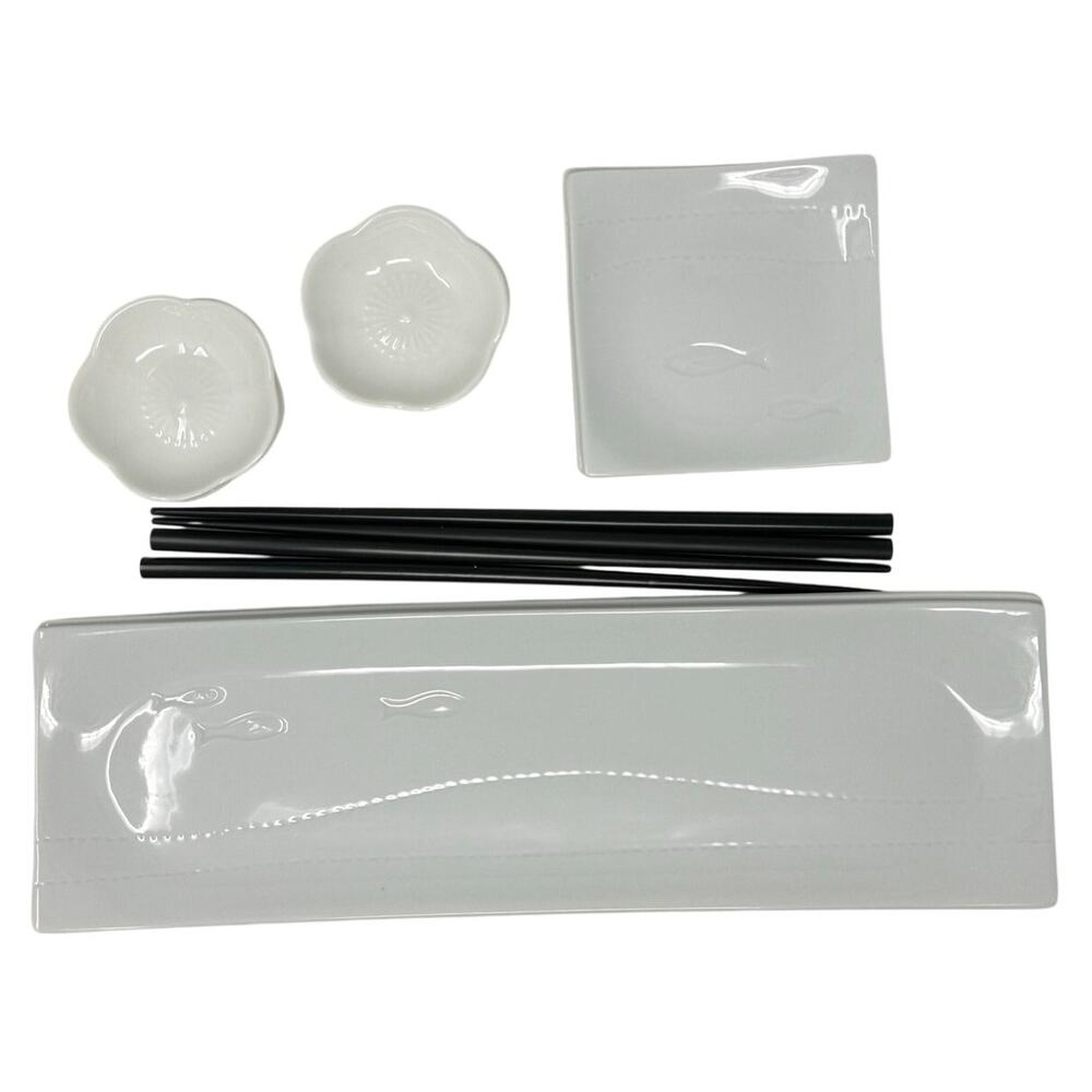 Crate & Barrel White Ceramic Sushi Set Served 2 Plates Bowls Chopsticks